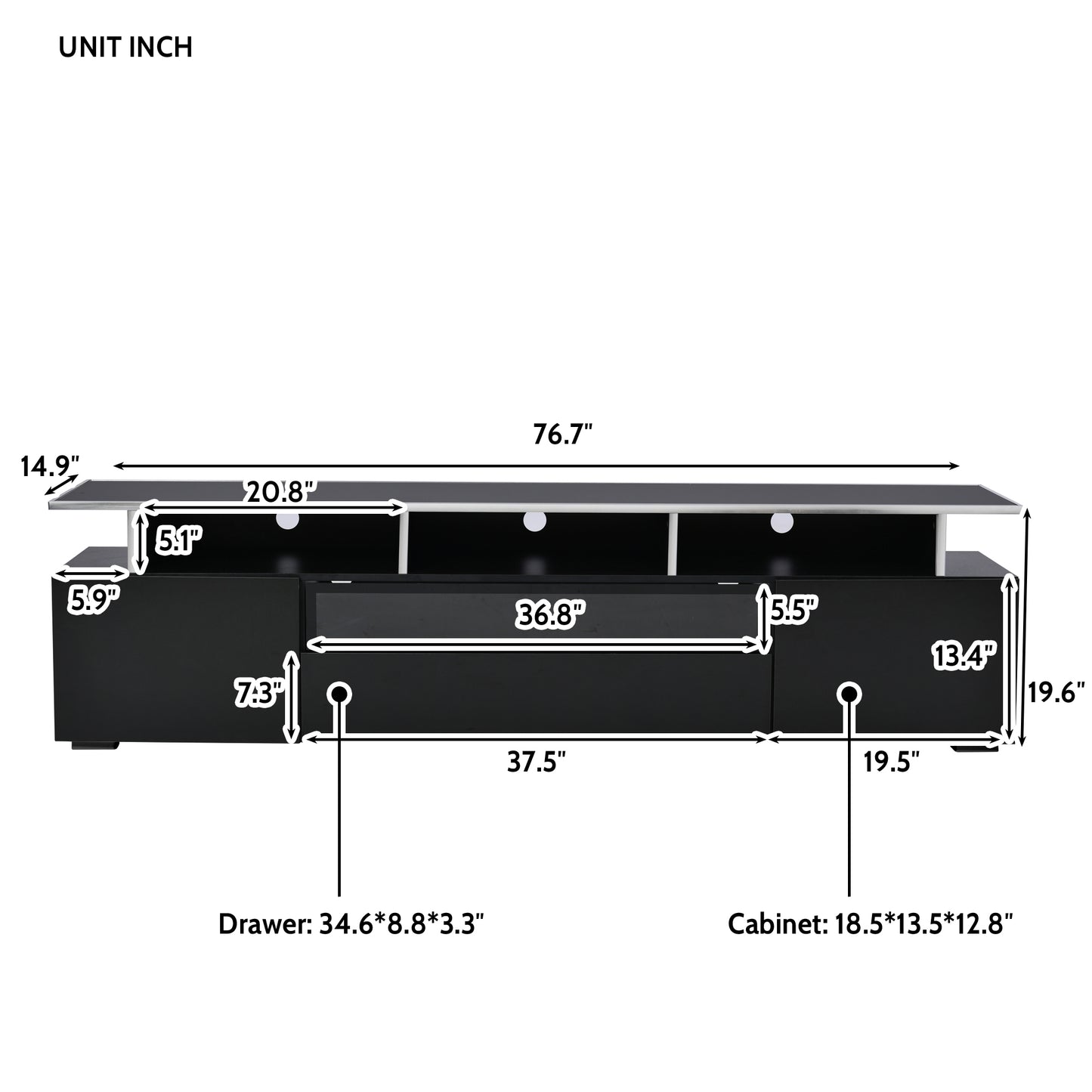 Stylish Black TV Stand with LED Lights and Acrylic Board