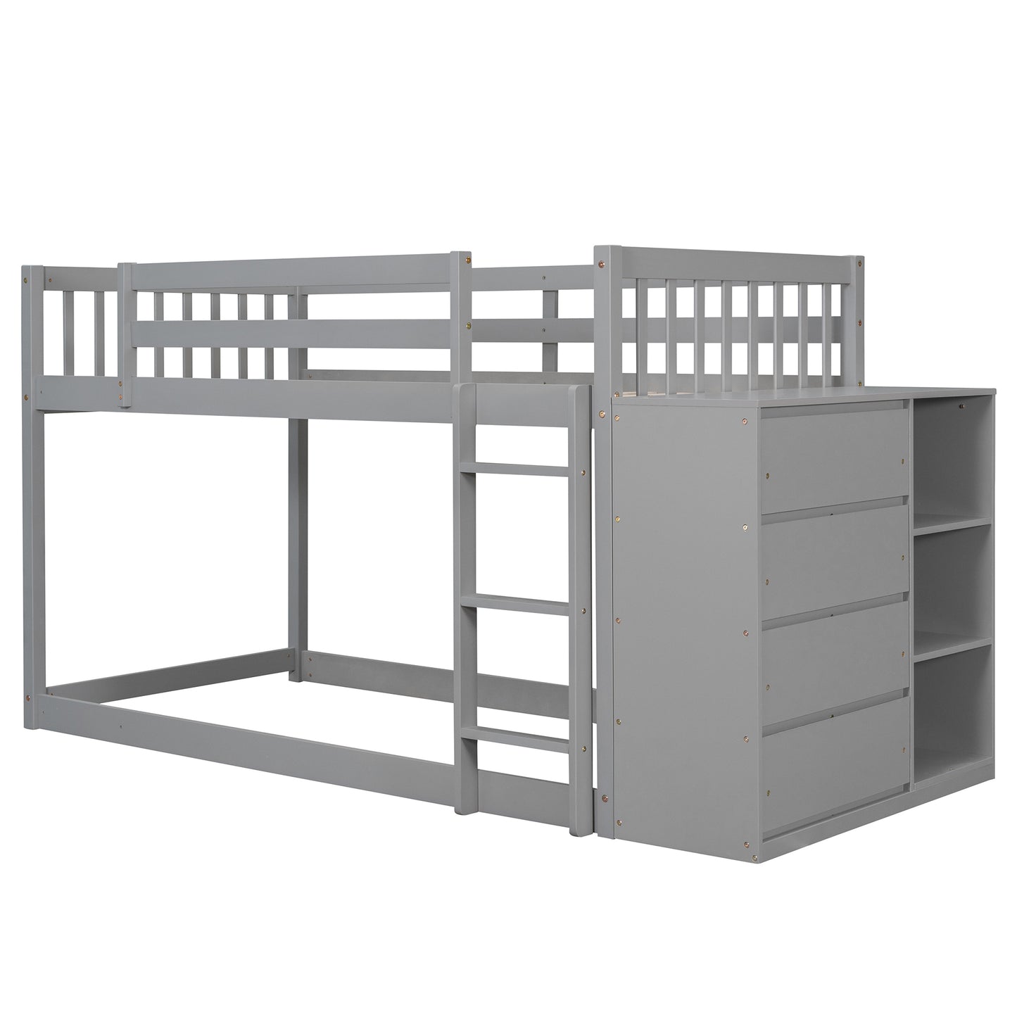 Space-Saving Gray Twin Bunk Bed with Storage and Built-in Shelves for Twin over Twin Configuration