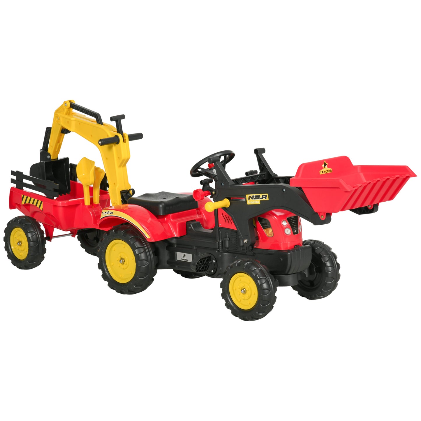 3 in1 Kids Ride On Excavator/Bulldozer, Pedal Car Digger Toy Move Forward/Back with 6 Wheels and Detachable Cargo Trailer