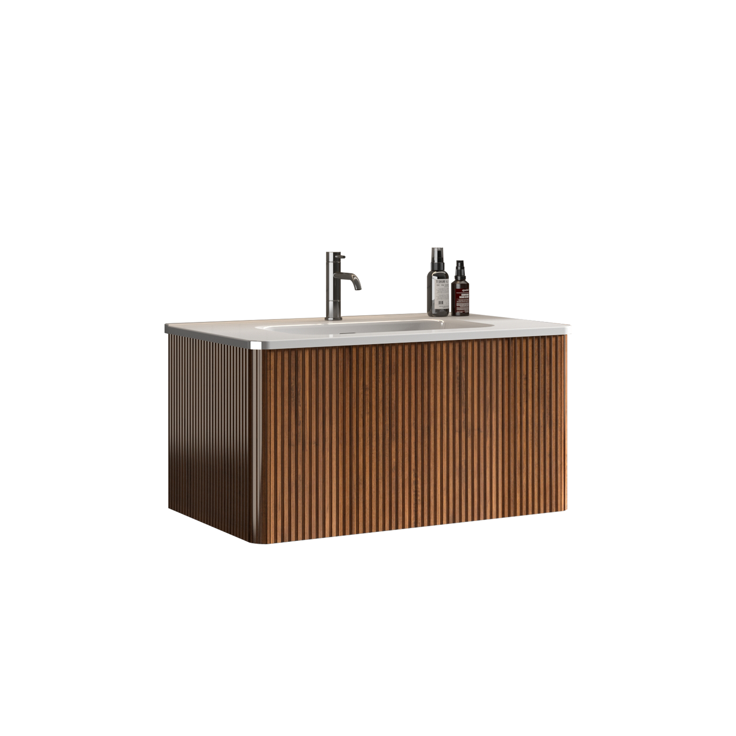 U047-Etna30W-305 Etna 30" Striped Walnut Bathroom Vanity with White Ceramic Sink, Wall Mounted Floating Bathroom Vanity for Modern Bathroom, One-Piece White Basin without Drain and Faucet