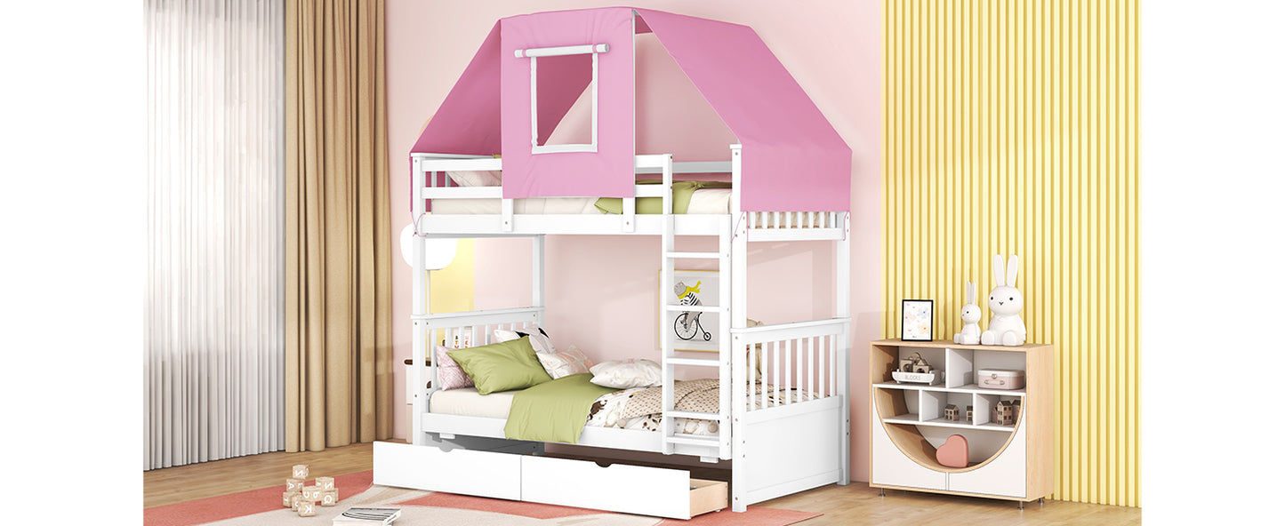 White and Pink Spacious Twin Bunk Bed with Playful Tent and Storage