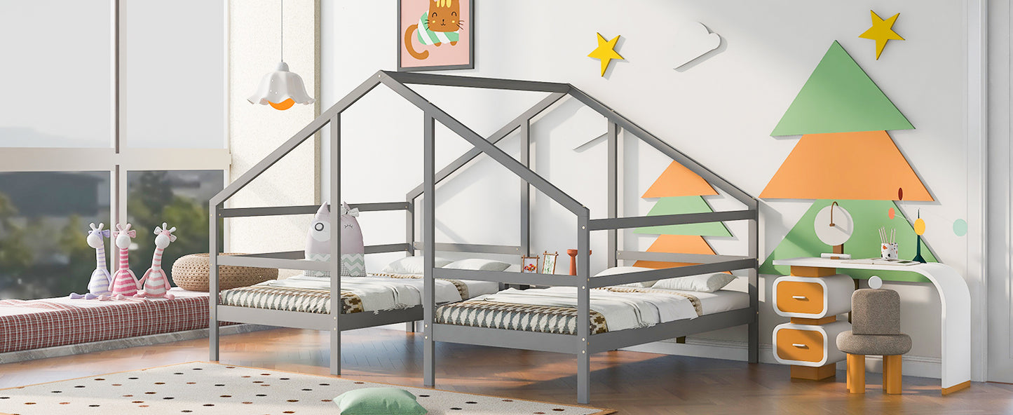 Double Twin Size Triangular House Beds with Built-in Table,Gray(: WF286895AAE)