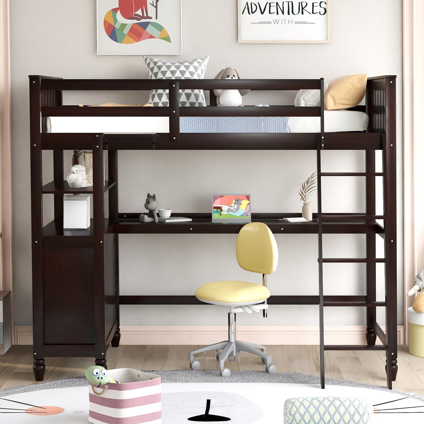 Twin size Loft Bed with Drawers and Desk, Wooden Loft Bed with Shelves - Espresso(: LT001530AAP)