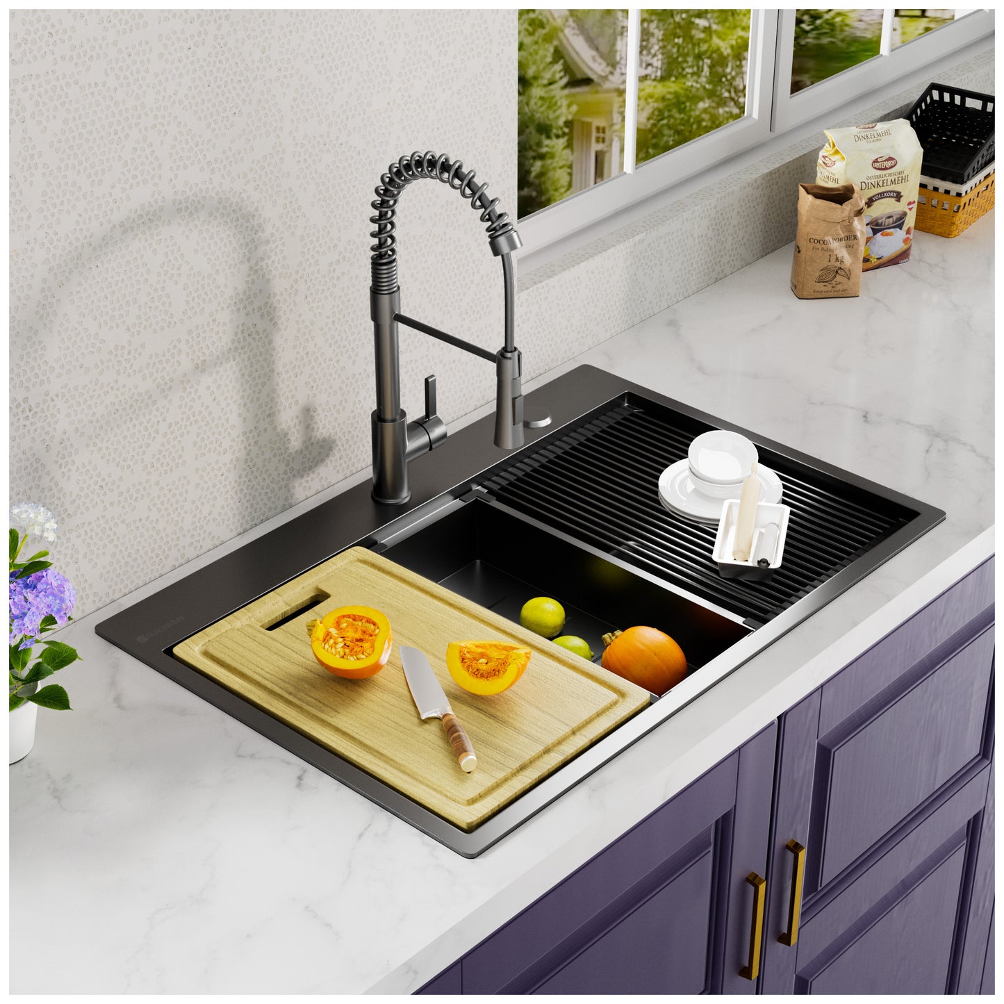 Gunmetal Black Stainless Steel Kitchen Sink with Workstation Accessories