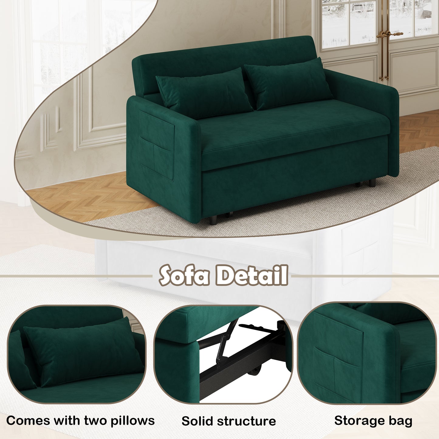 Sofa Pull Out Bed Included Two Pillows 54" Green Velvet Sofa for Small Spaces