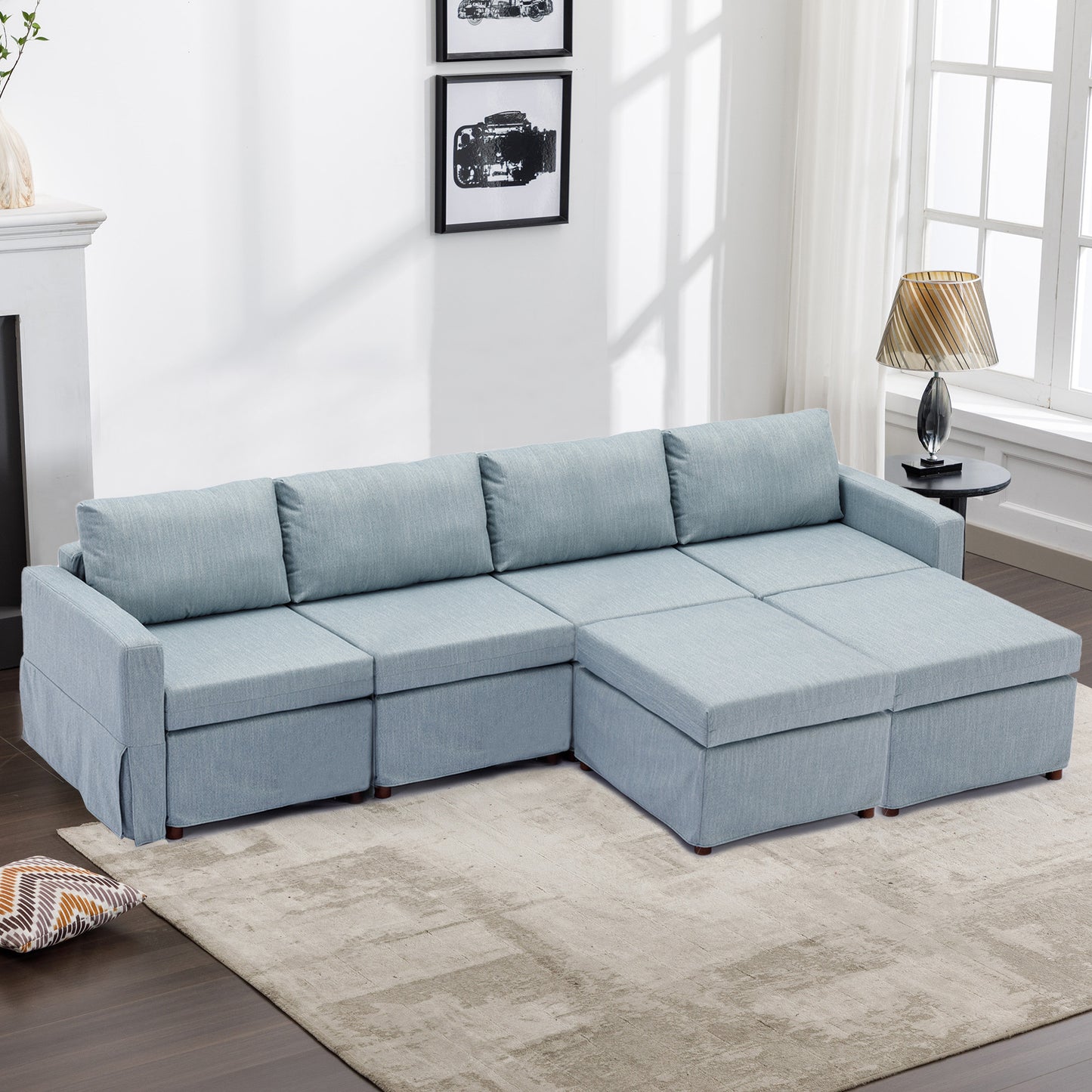 4-Seat Modular Sectional Sofa with Ottoman, Light Blue