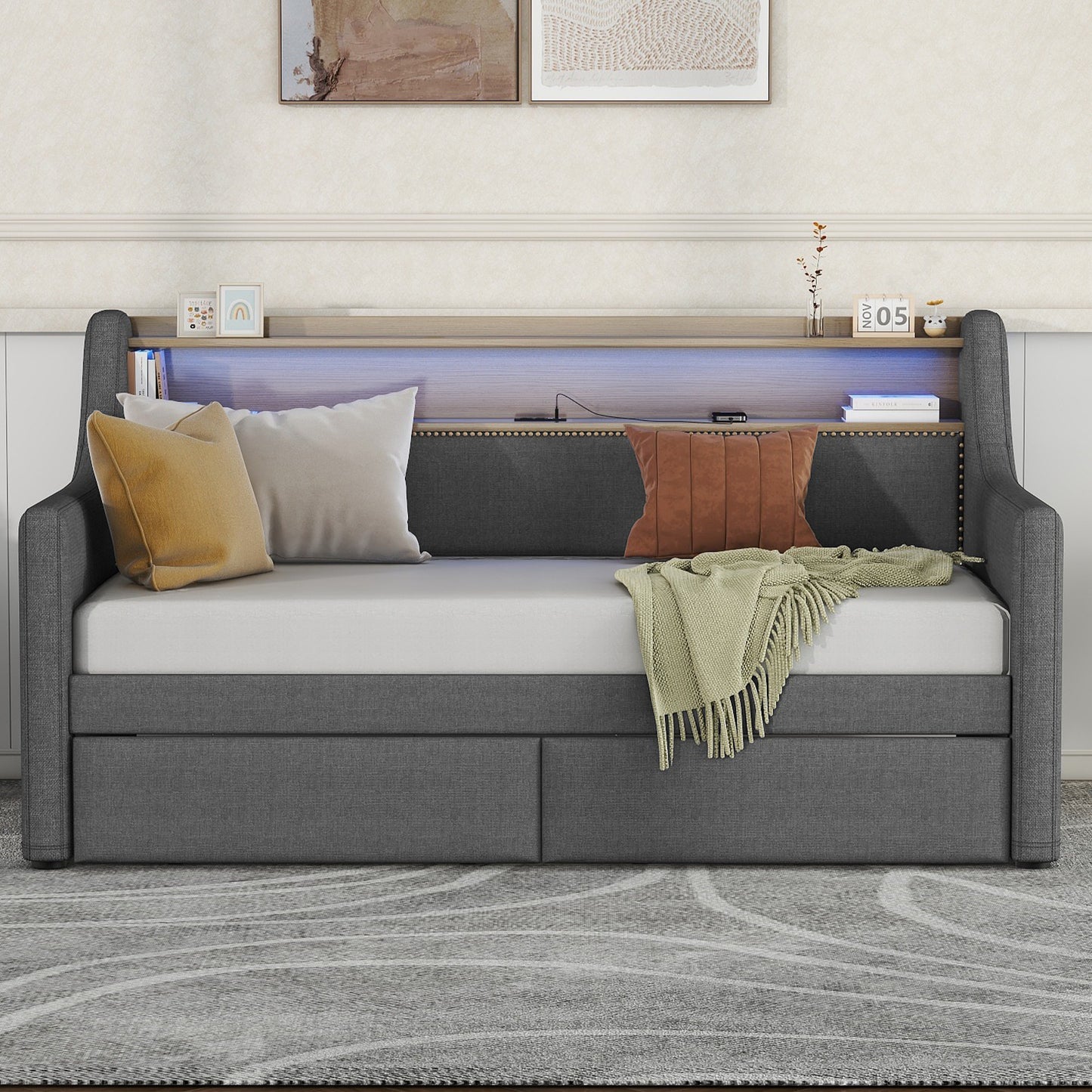 Twin Size Daybed with Storage Drawers, Upholstered Daybed with Charging Station and LED Lights, Gray (Expect arrive date: Jan 18th, 2024)