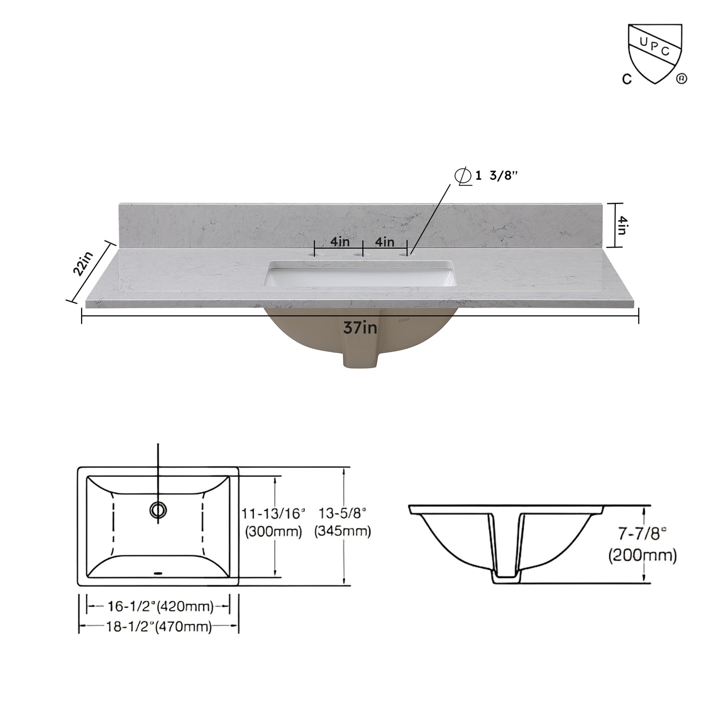 Montary 37 inches bathroom stone vanity top calacatta gray engineered marble color with undermount ceramic sink and 3 faucet hole with backsplash