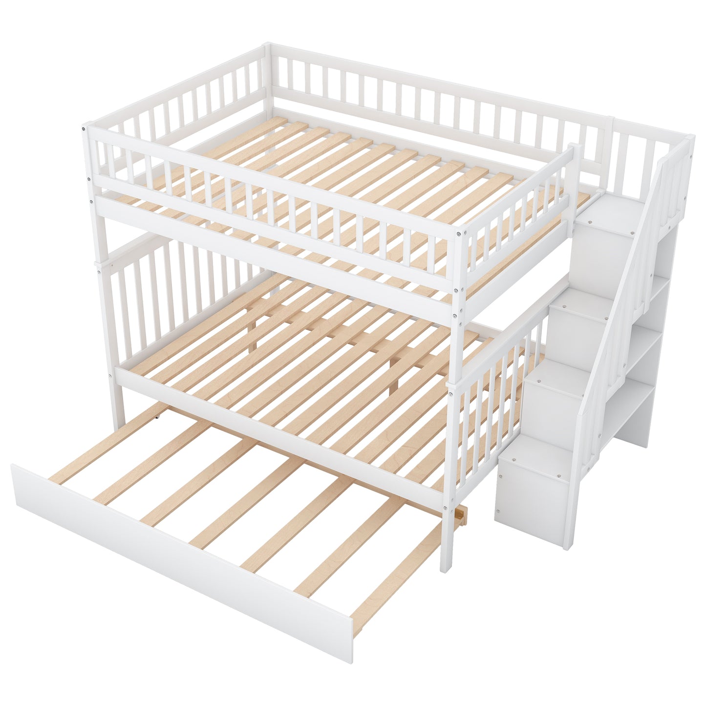 White Full over Full Bunk Bed with Trundle, Staircase, and Storage - Space-Saving Full Bunk Bed with Trundle