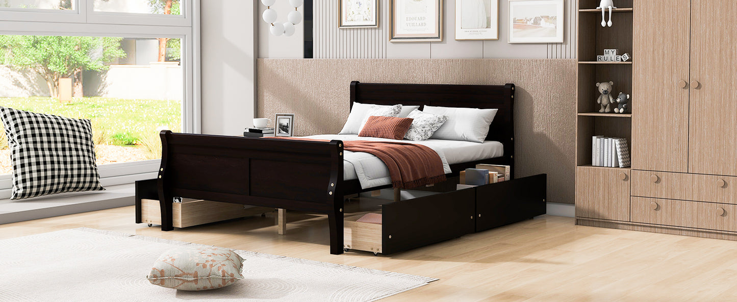 Full Size Wood Platform Bed with 4 Drawers and Streamlined Headboard & Footboard, Espresso