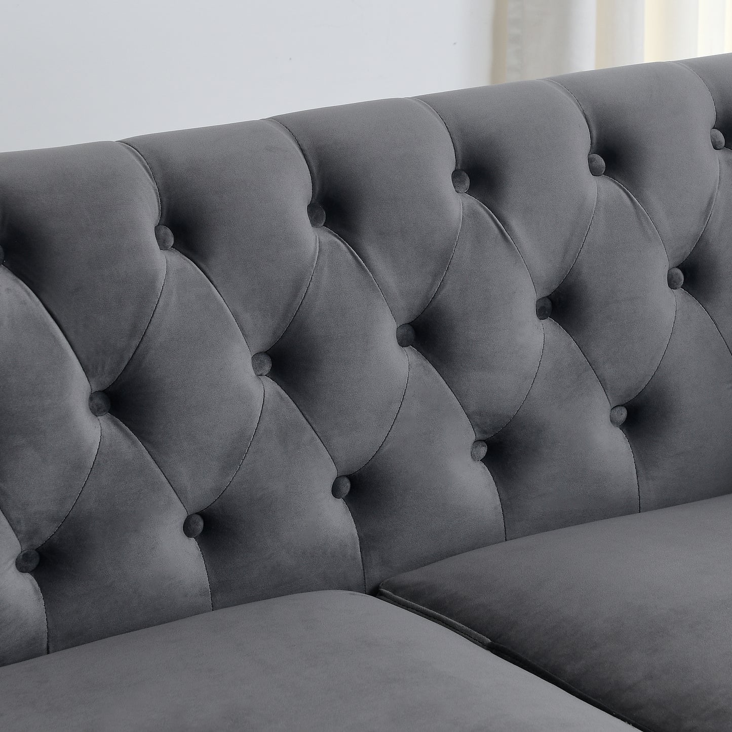 59-Inch Grey Velvet Chesterfield 2-Seater Sofa with Nailhead Arms and 2 Cushions