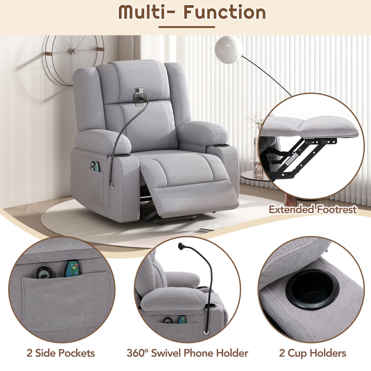 Grey Electric Power Lift Recliner Chair with Massage, Heat, Storage, and Swivel Phone Holder