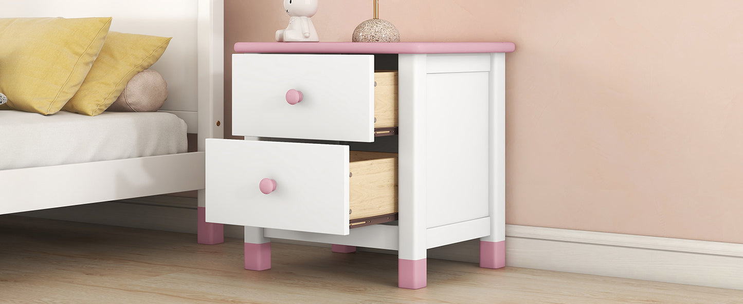 Wooden Nightstand with Two Drawers for Kids,End Table for Bedroom,White+Pink