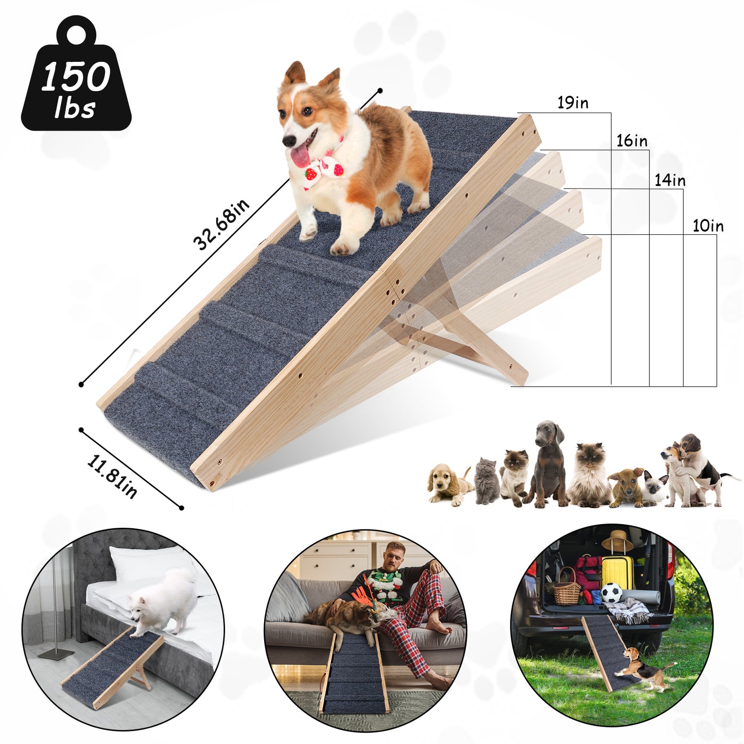 Dog Ramp, 32.6" Long and 11.8" Wide Wooden Folding Portable Pet Ramp, Adjustable from 10" to 19" with Non-Slip Traction Mat, Dog Ramps for Car, Bed, Couch, Rated for 30 LBS(Light Grey)