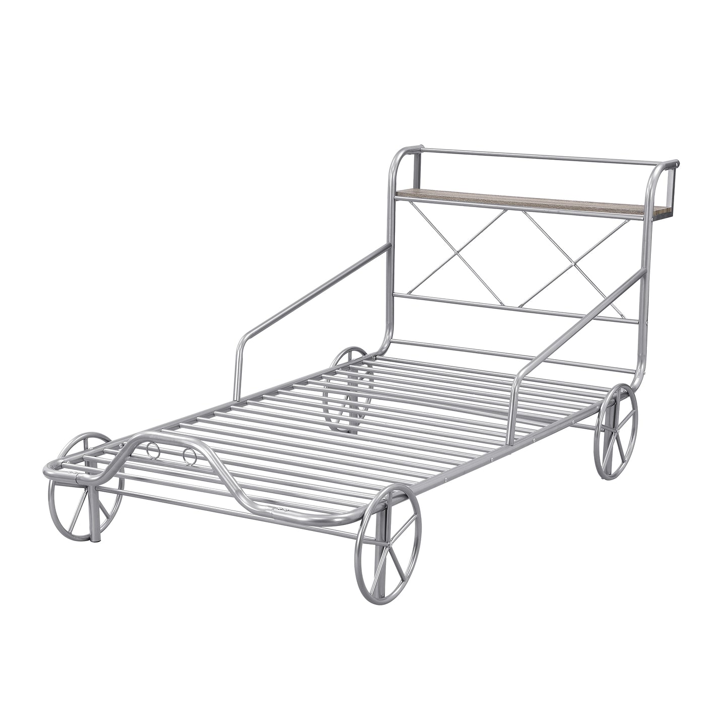 Twin Size Metal Car Bed with Four Wheels, Guardrails and  X-Shaped Frame Shelf, Silver(: MF297599AAN)