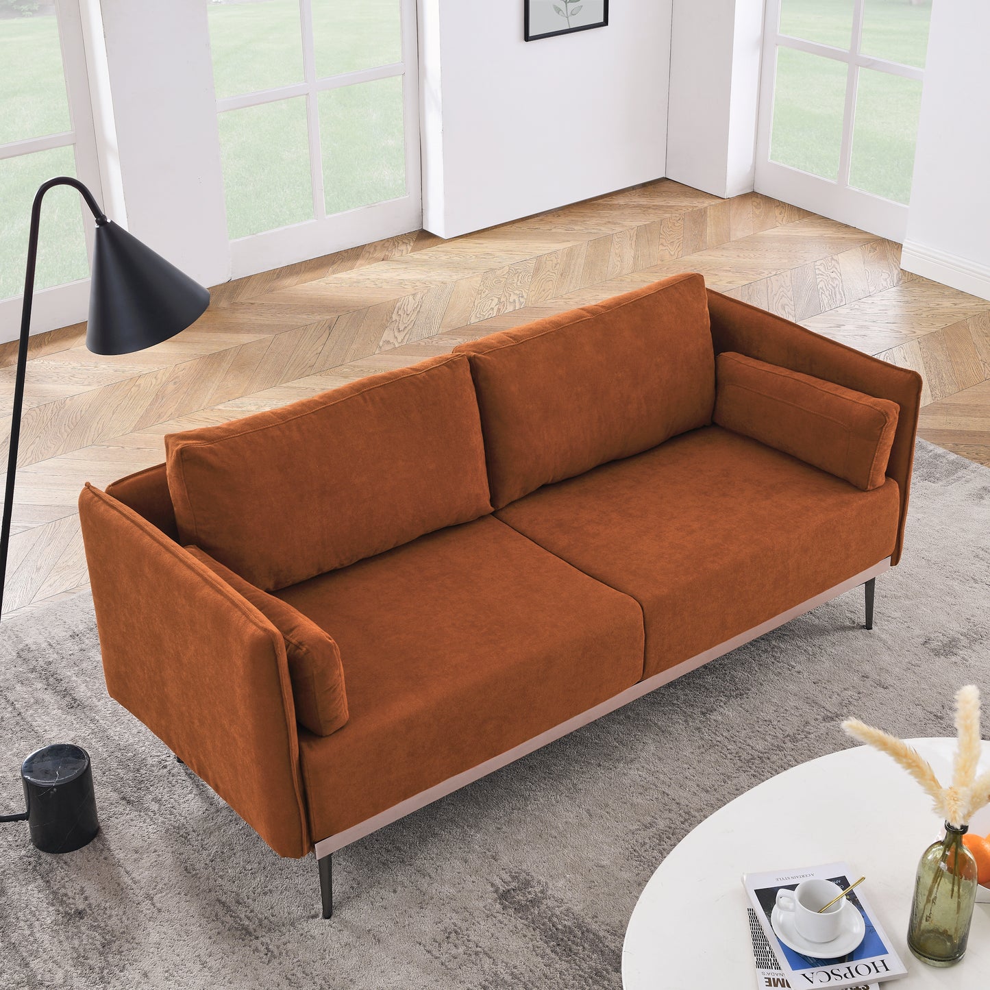 Modern Sofa 3-Seat Couch with Stainless Steel Trim and Metal Legs for Living Room, Orange