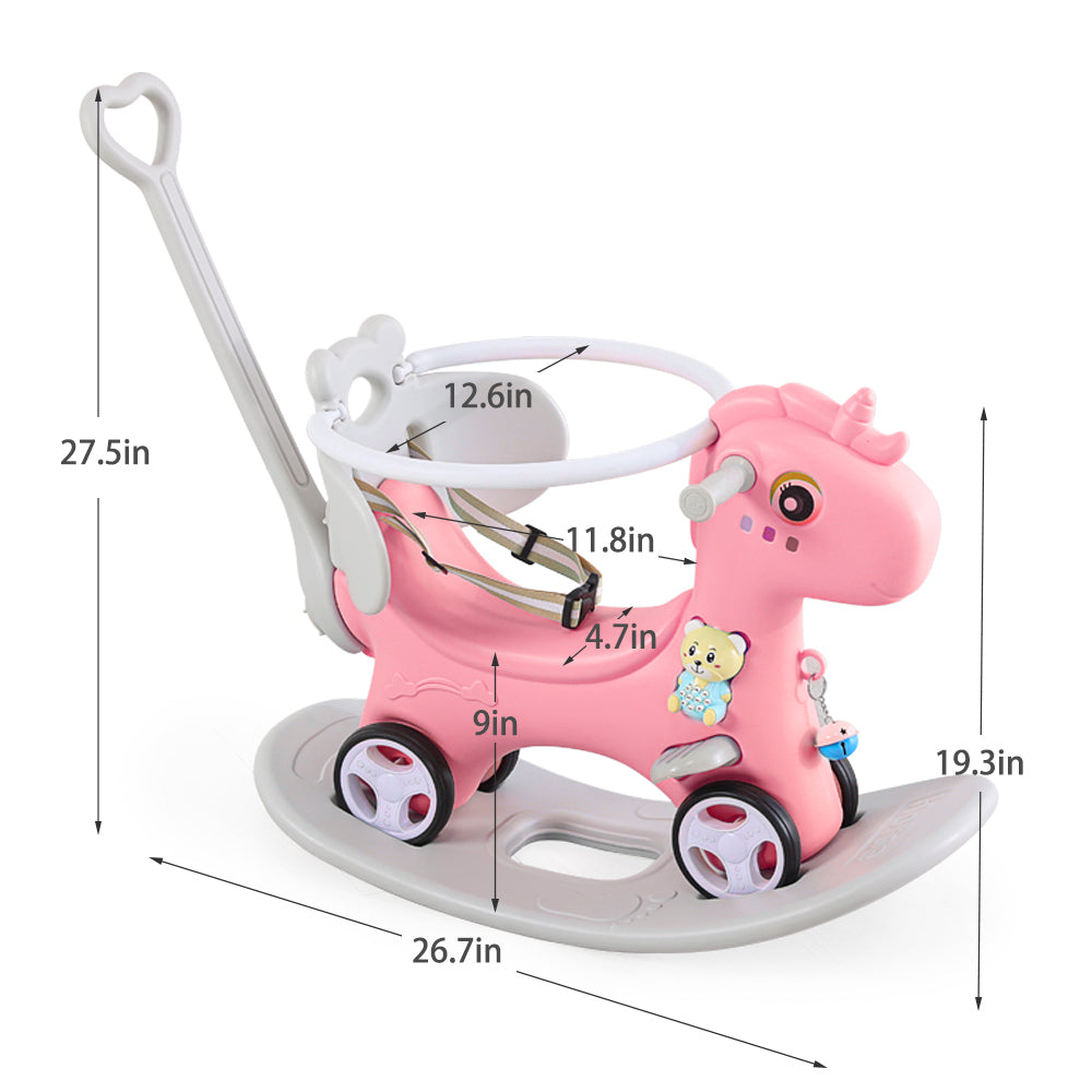 Unicorn Rocking Horse and Balance Bike for Toddlers, Pink Horse Ride On Toy with Push Handle and Backrest