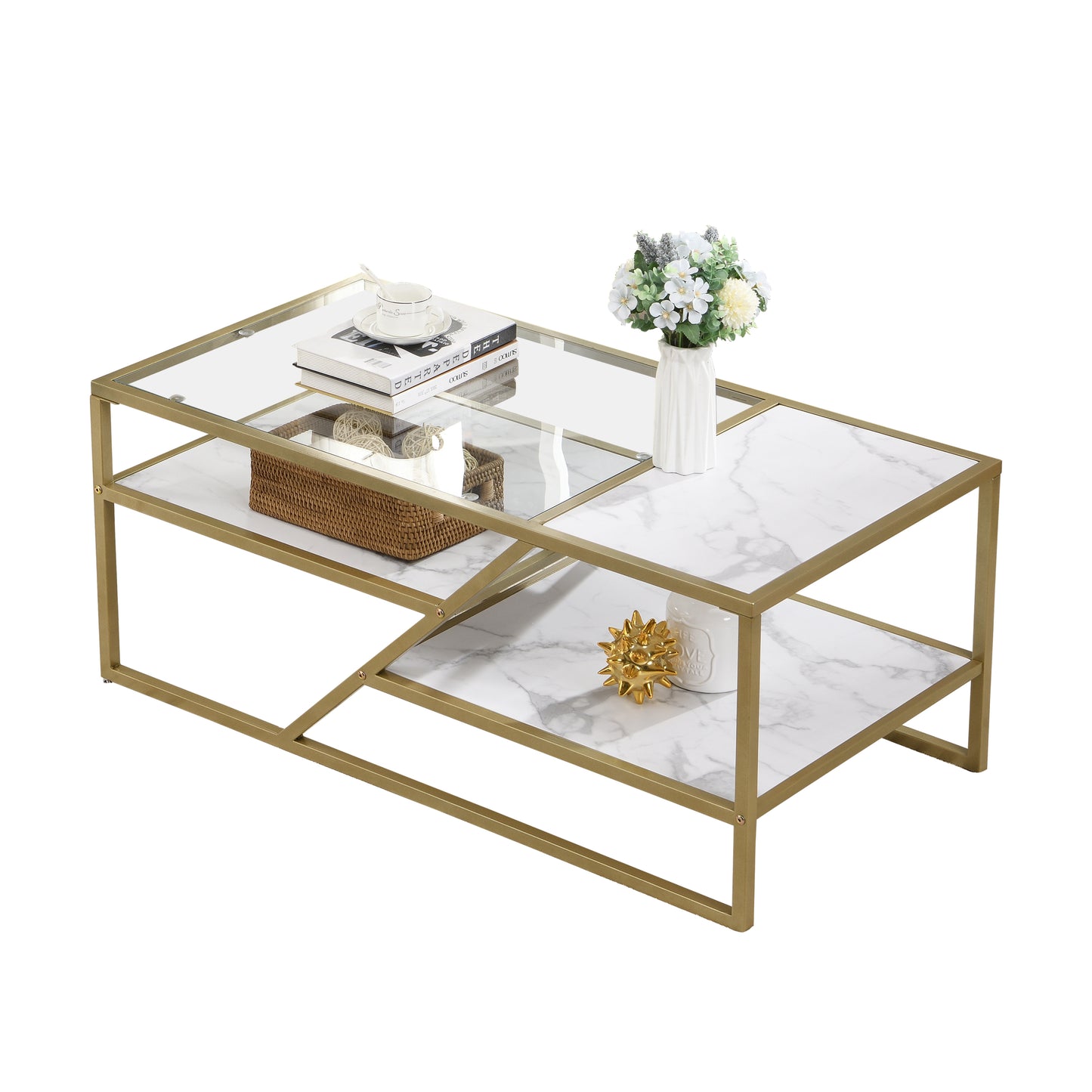 Golden Glass and Metal Coffee Table with Storage Shelf for Living Room or Bedroom