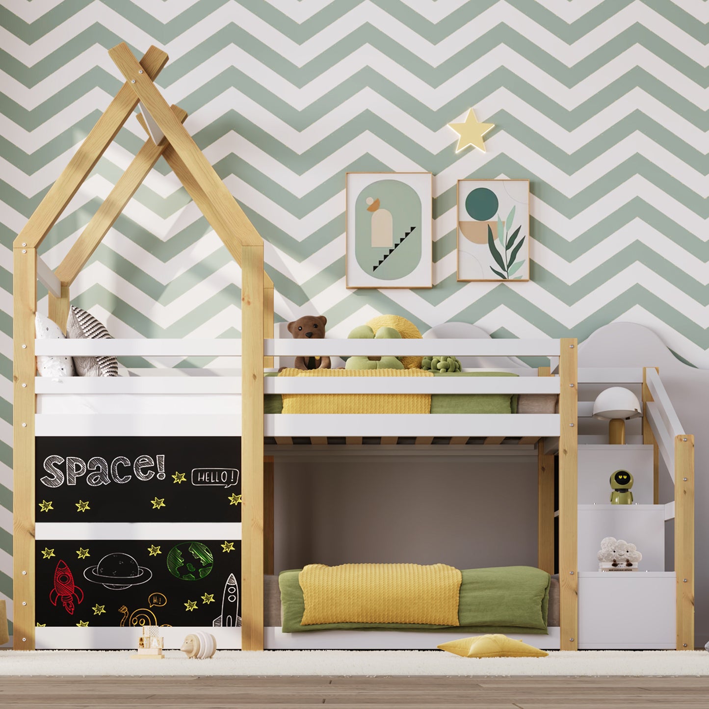 Treehouse Bunk Bed with Storage Staircase and Blackboards