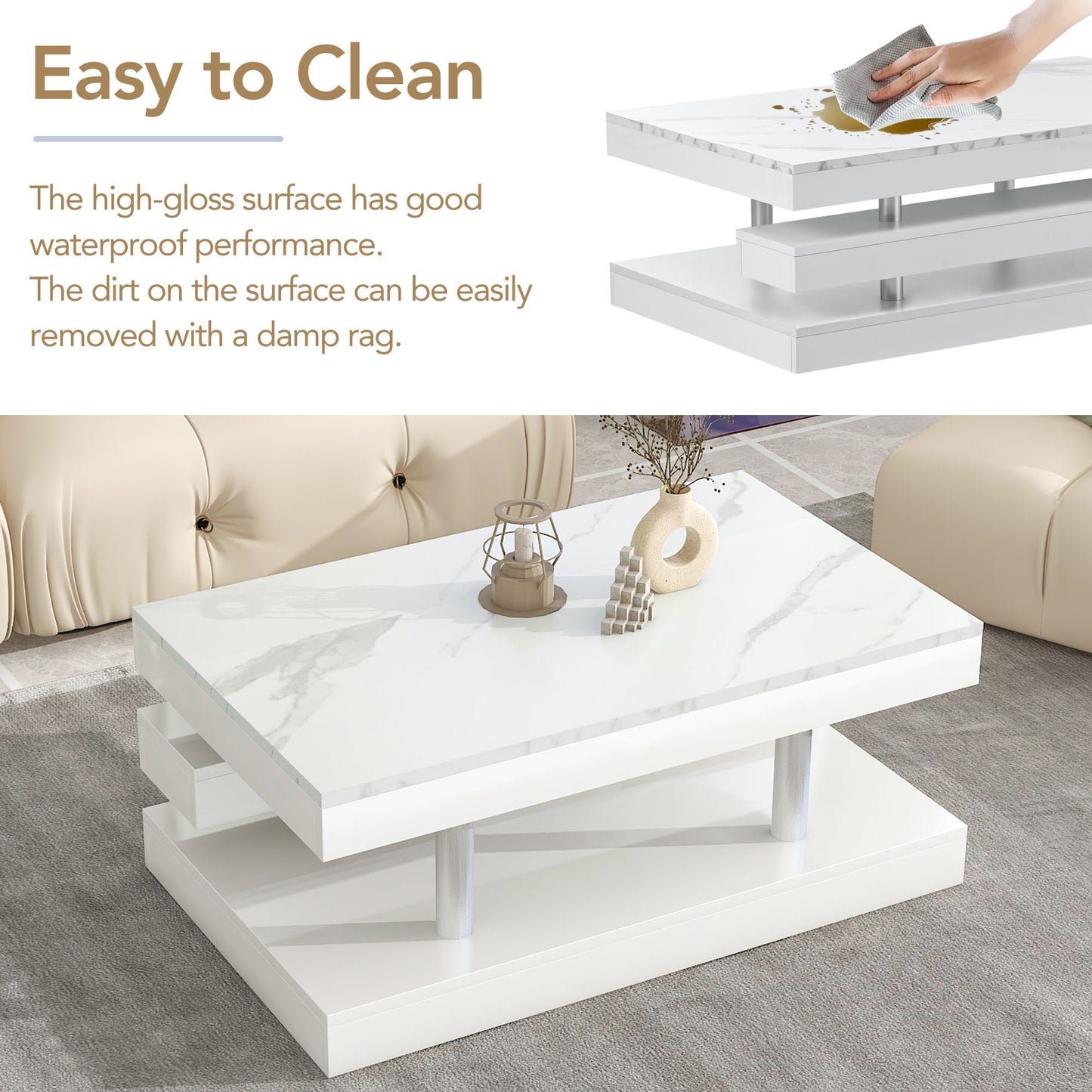 White Minimalist 2-Tier Coffee Table with Glossy Surface