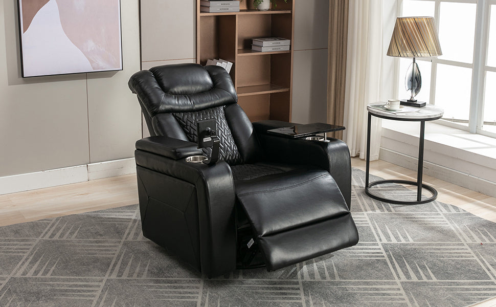 Luxury Black Swivel Recliner Chair with Tray Table, Phone Holder, and USB Port