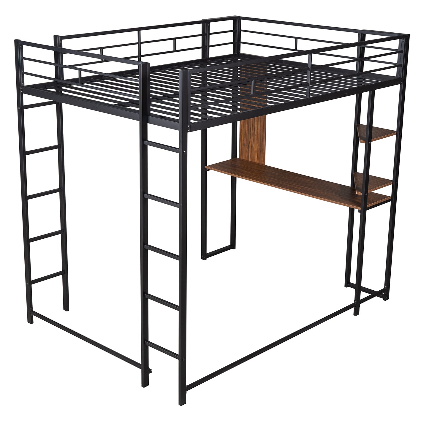 Full Size Metal Loft Bed with 2 Shelves and one Desk ,Black