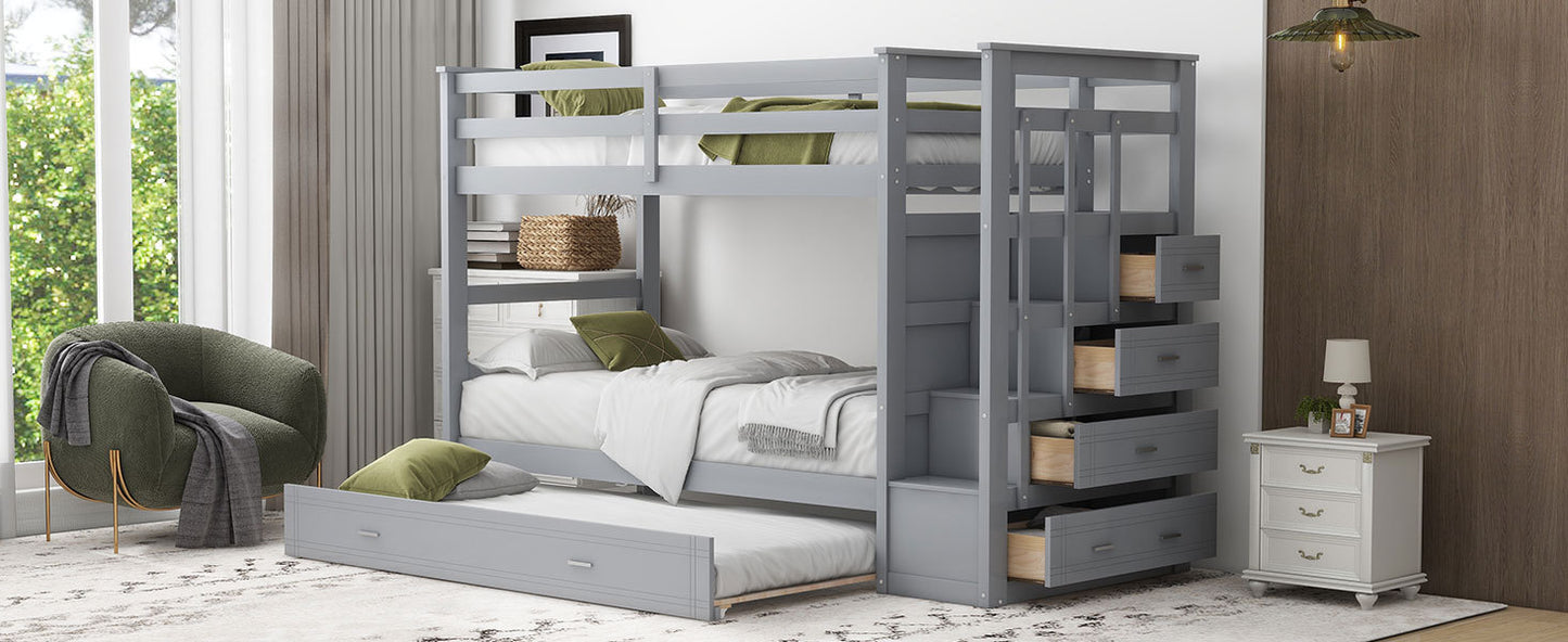 Gray Twin Bunk Bed with Trundle Staircase