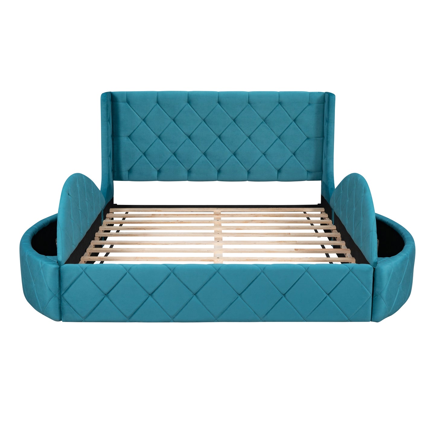 Upholstered Platform Bed Queen Size Storage Velvet Bed with Wingback Headboard and 1 Big Drawer,2 Side Storage Stool(Blue)