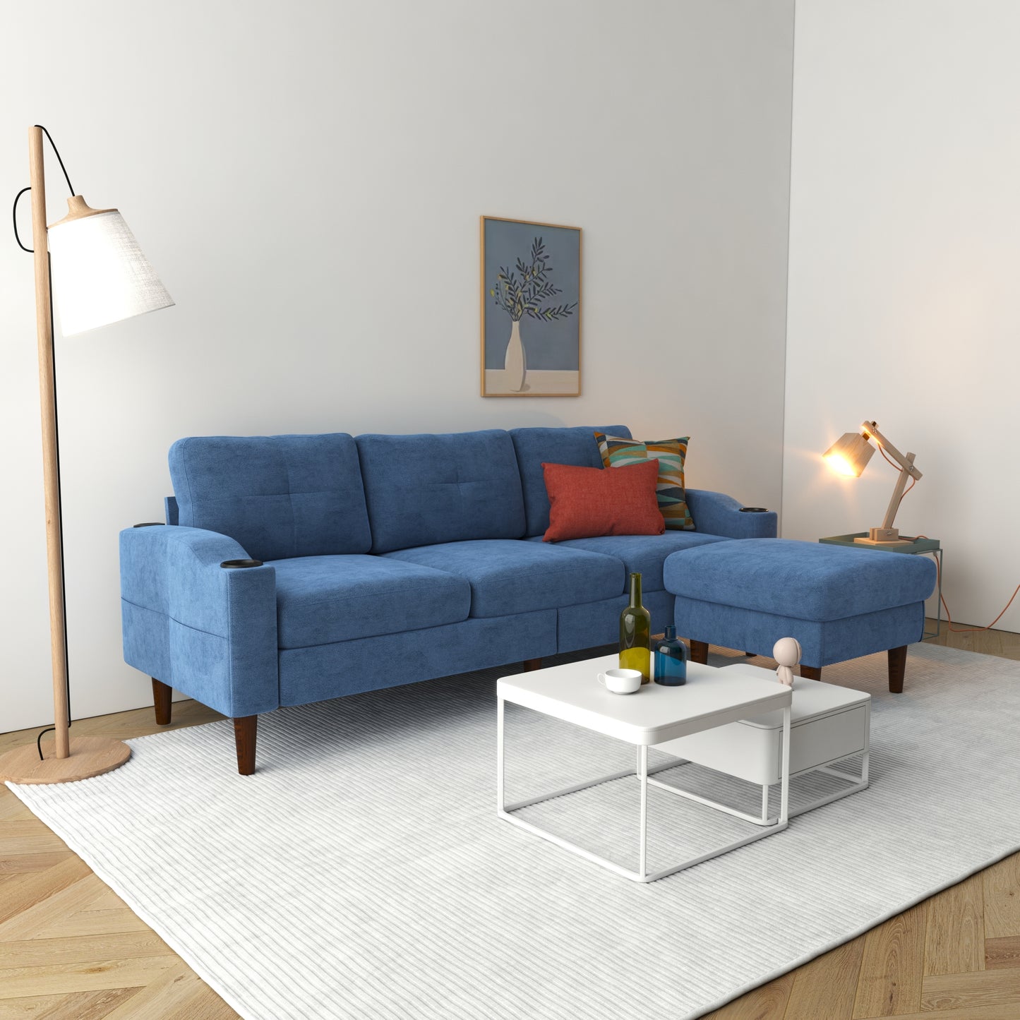 Convertible Combination Sofa Sofa L-Shaped Sofa with Storage Cabinet Footstool, Living Room Navy Blue Sofa, Living Room/Bedroom/Office/Small Space 3-Seater Combination Sofa