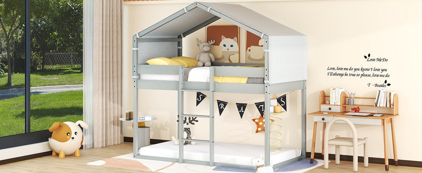 House-Shaped Twin Over Twin Bunk Bed with Tent in Gray Wood