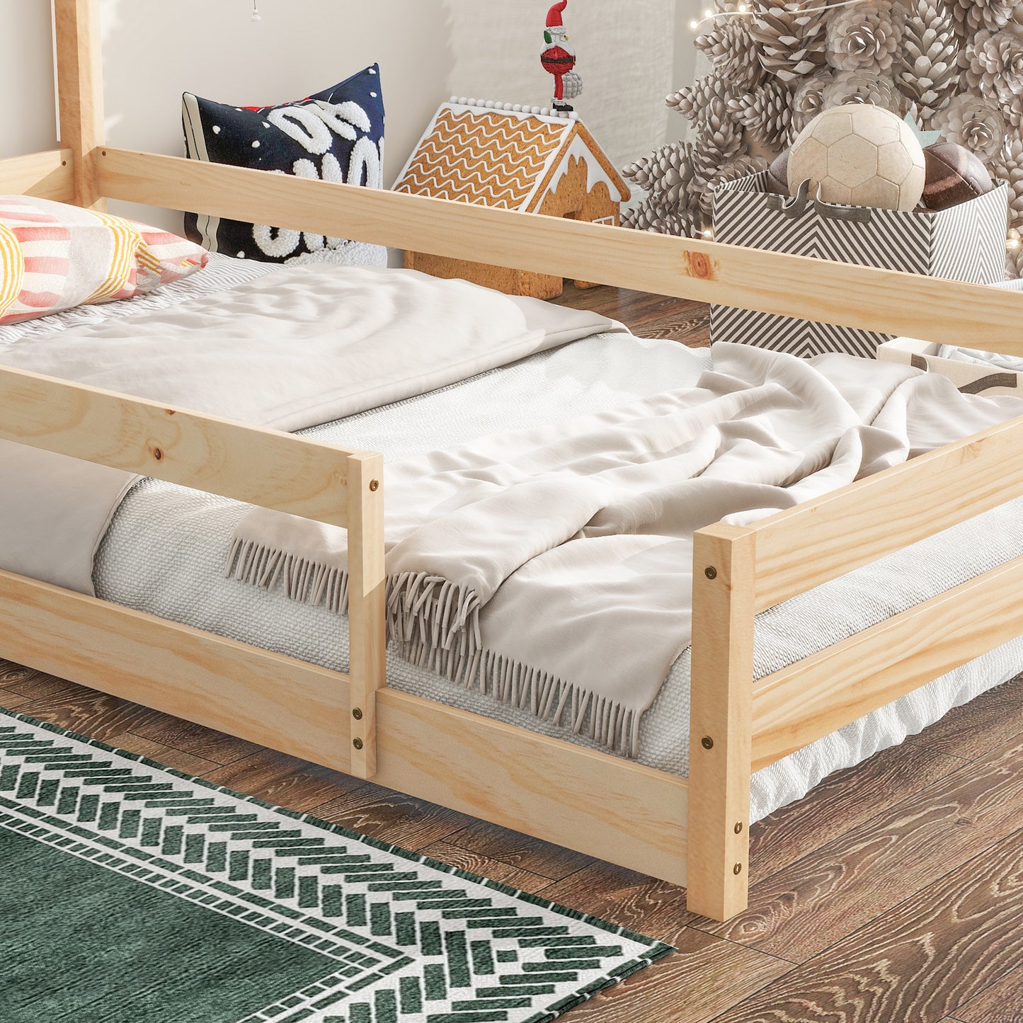 Twin Size Wood bed with House-shaped Headboard Floor bed with Fences,Natural