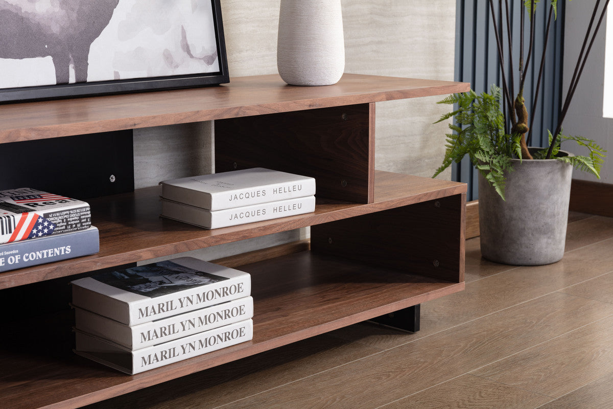 Iris Walnut Brown TV Stand with Black Legs and Two Shelves