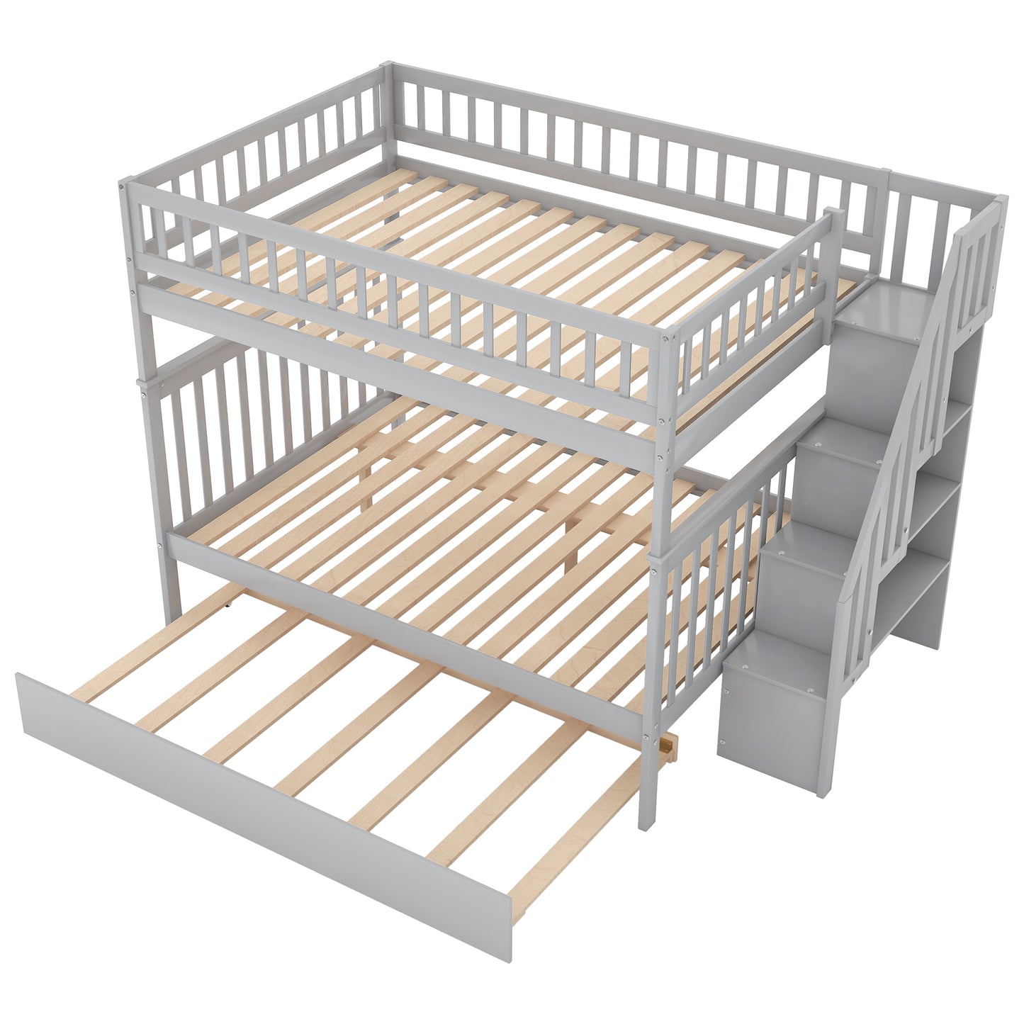 Gray Triple Sleeper Bunk Bed with Trundle and Staircase