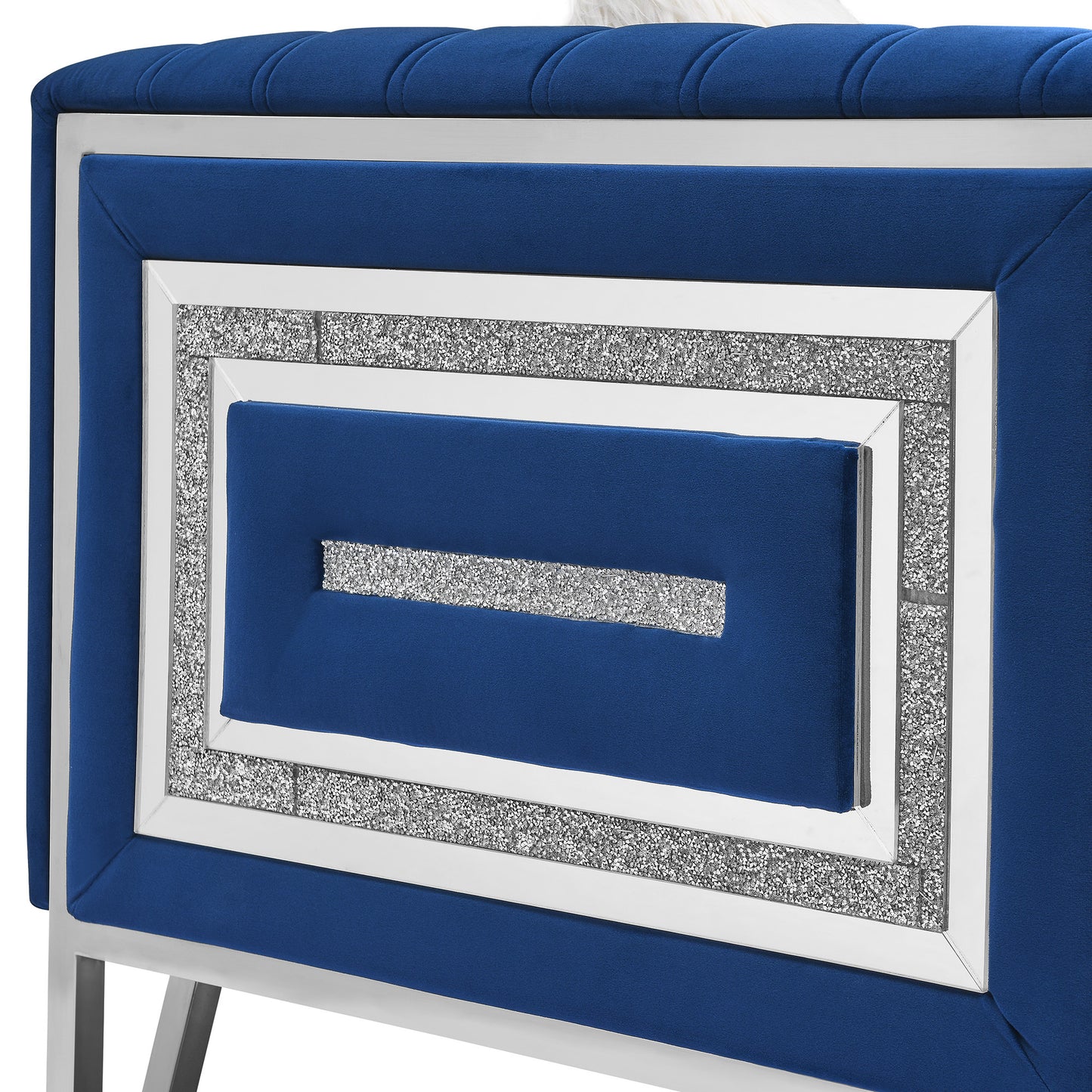 Sofa Chair with Mirrored Side Trim with Faux Diamonds and Stainless Steel Legs, Six White Villose Pillow, Blue (36.5"Lx32.75"Wx29.5"H)