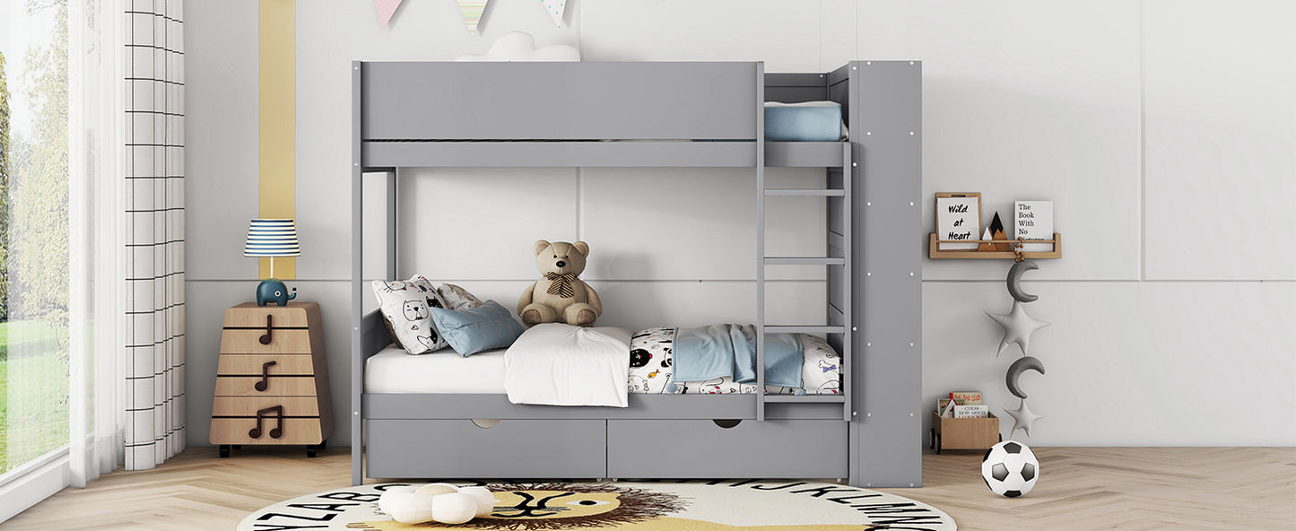 Versatile Gray Twin Bunk Bed with Storage Drawers and Multi-Layer Cabinet