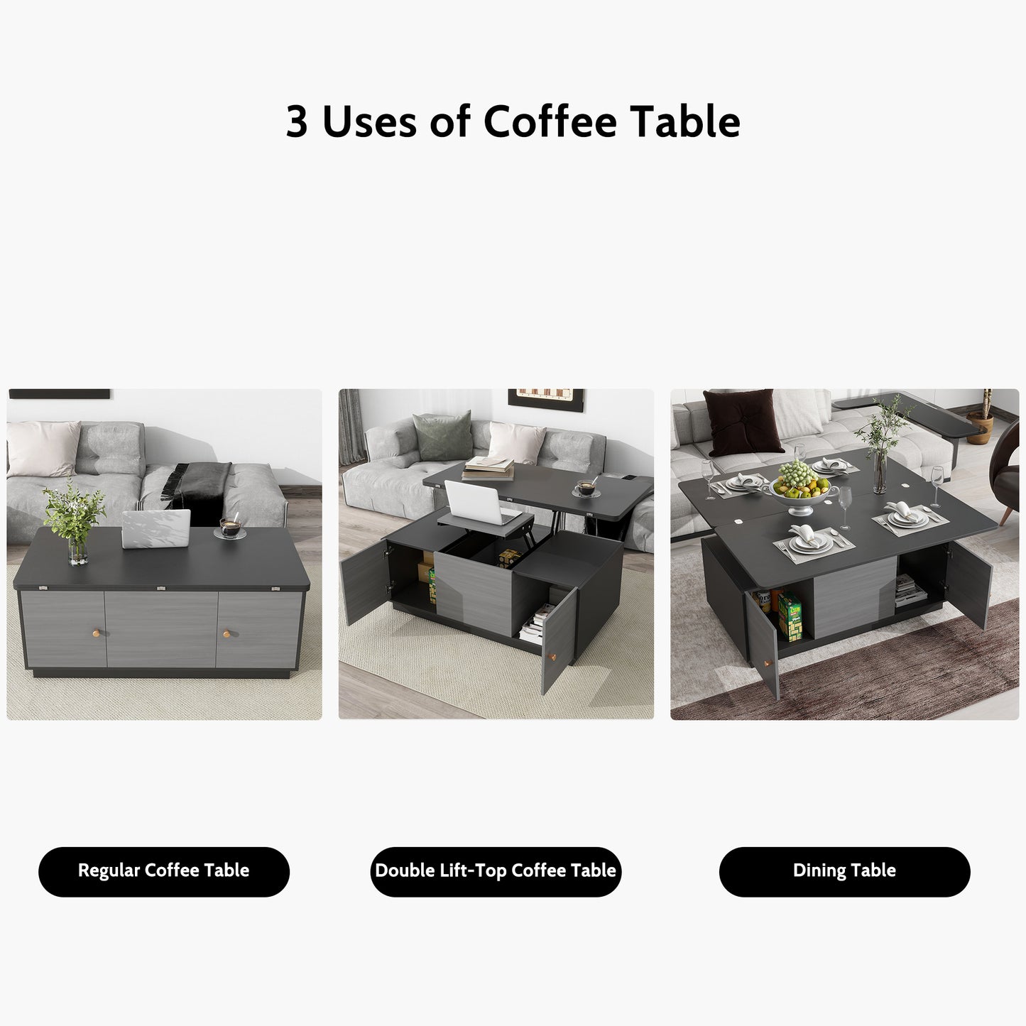 Extendable Lift-Top Coffee Table with Storage in Contemporary Gray