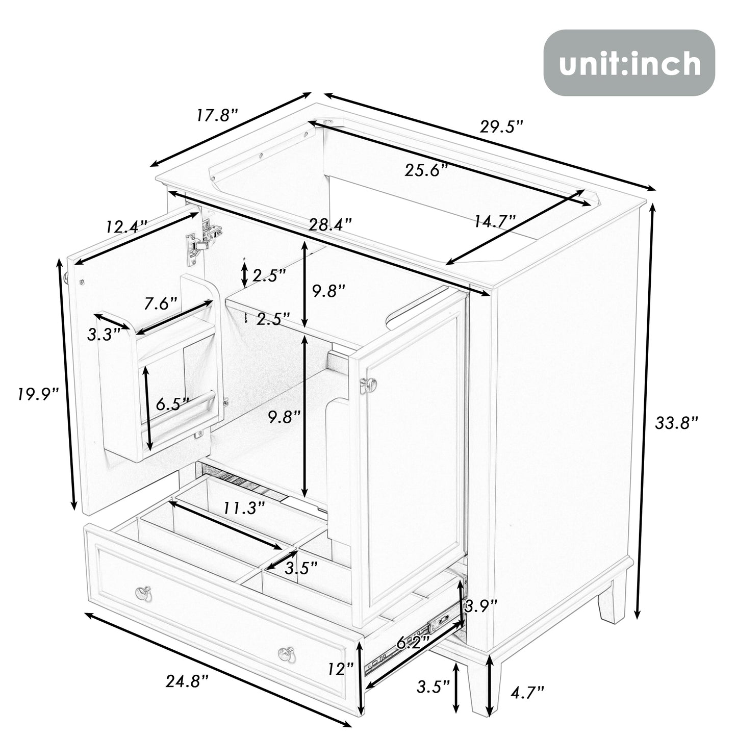 30" Bathroom Vanity without Sink, Base Only, Multi-functional Bathroom Cabinet with Doors and Drawer, Solid Frame and MDF Board, Grey