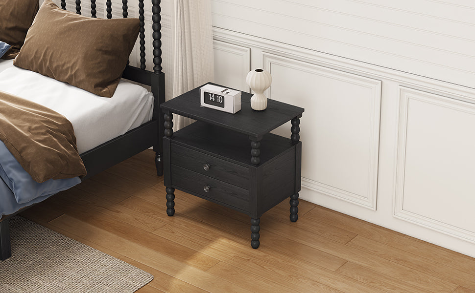 Gourd Shaped Leg 2 Drawer Nightstand, Antique Black