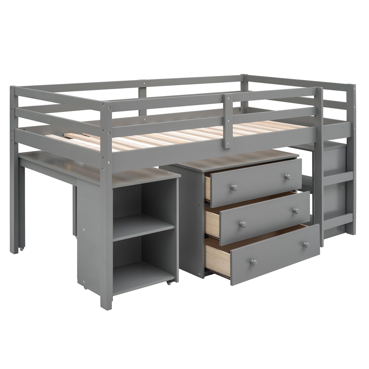 Low Study Twin Loft Bed with Cabinet and Rolling Portable Desk - Gray