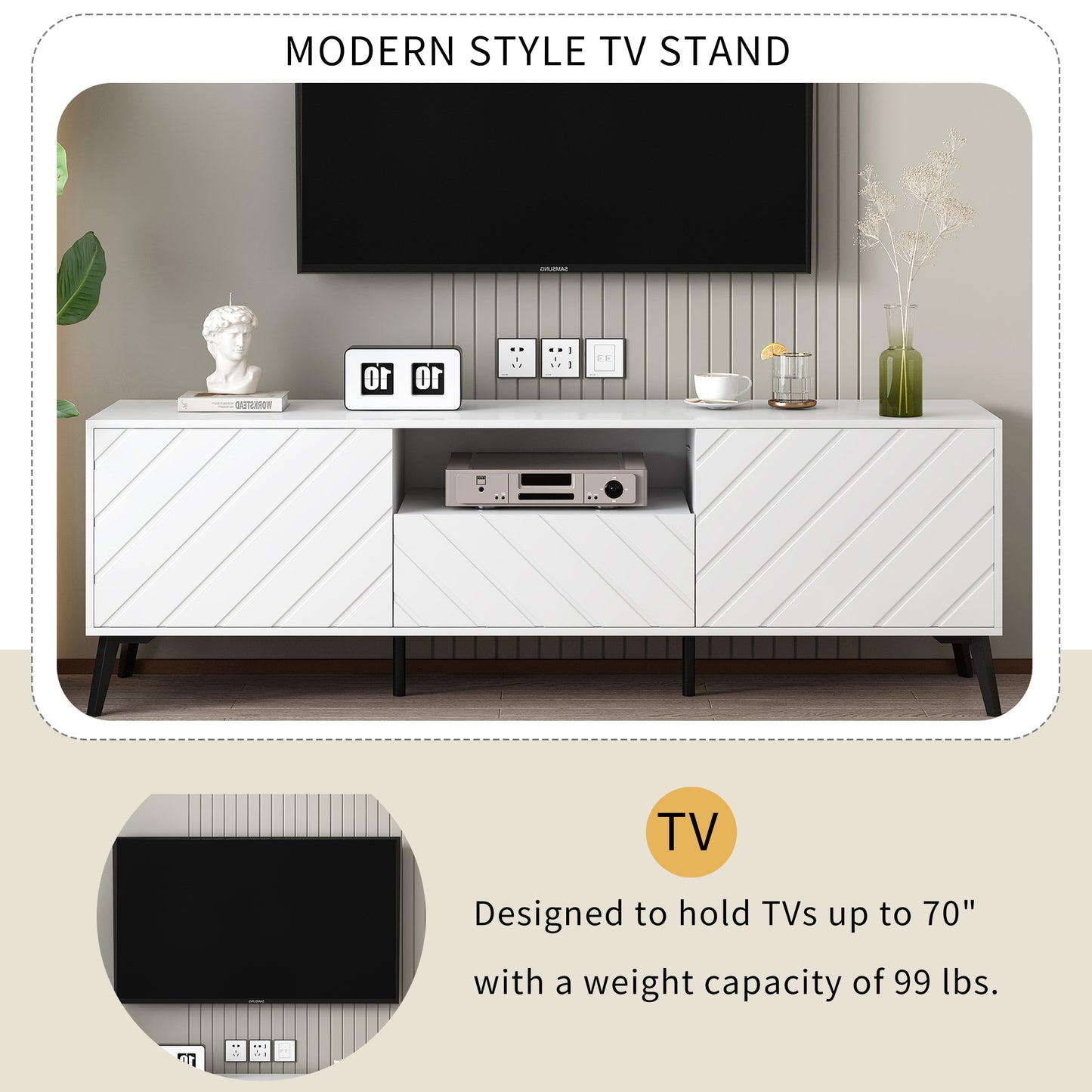 Contemporary TV Console with Adjustable Shelves and Metal Feet for TV up to 70 inch, Living Room Media Stand with Drawer