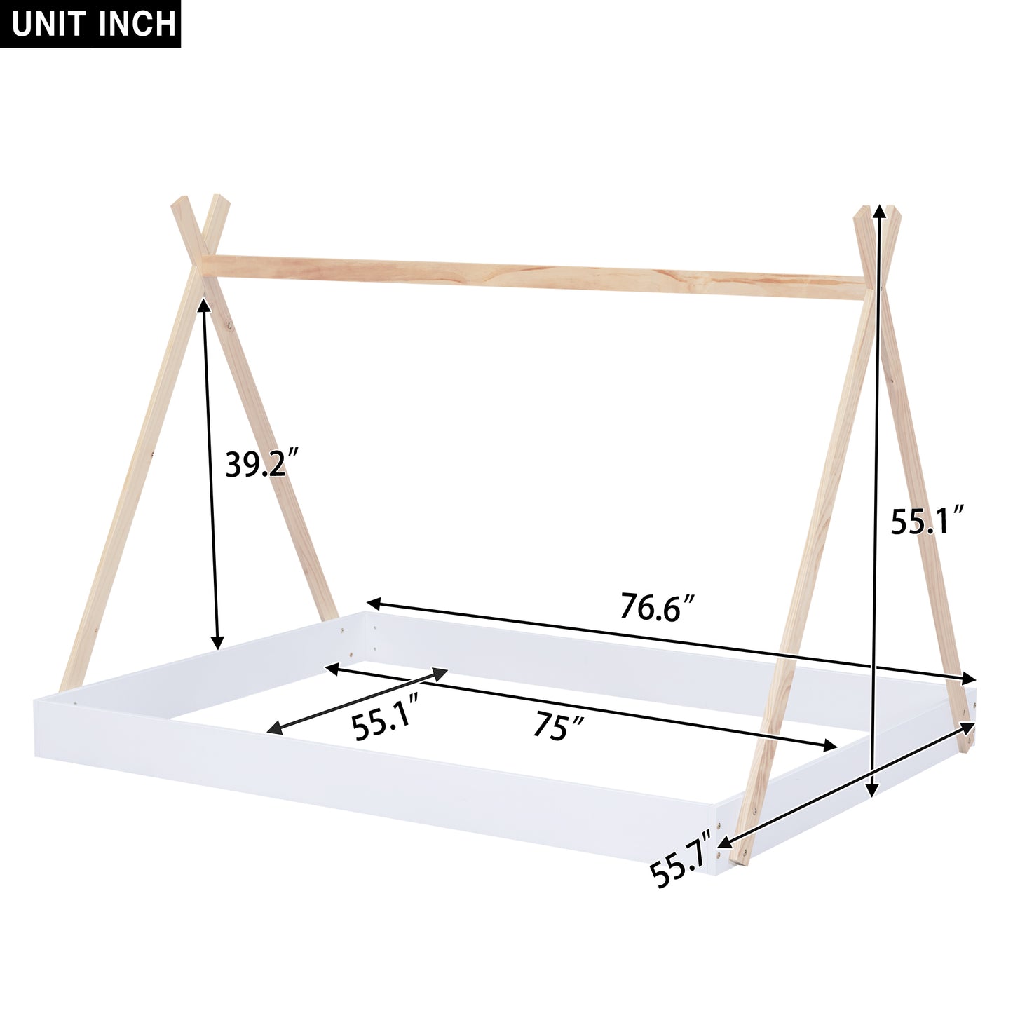 Full Size Tent Floor Bed with Triangle Structure, White+Natural