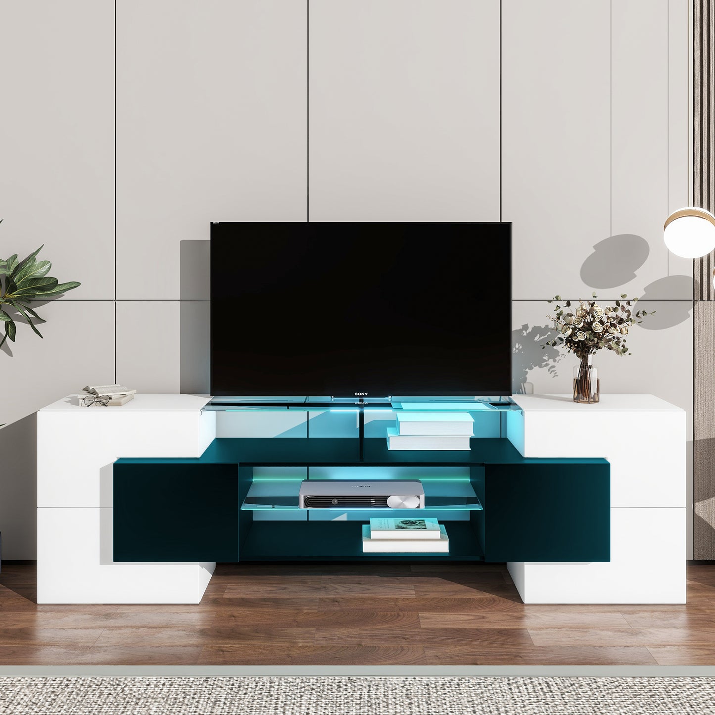 Innovative LED Glass TV Stand with High Gloss Finish and Versatile Storage Options