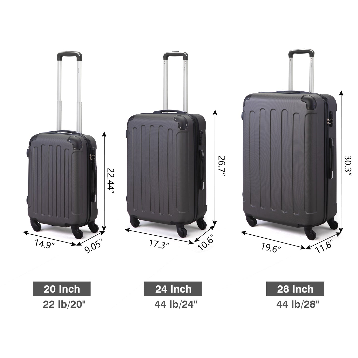 3-Piece Luggage Expandable Lightweight Travel Suitcase Set with Code Lock, Spinner Wheels, 20/24/28 Inches, Gray