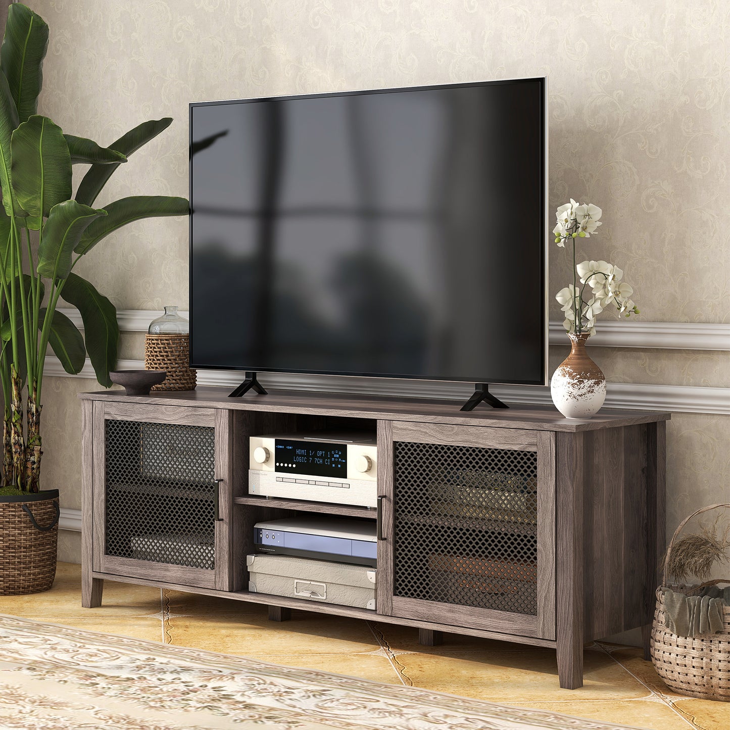 Industrial Entertainment Stand with Mesh Doors for TVs up to 65, Brown Wood Texture TV Cabinet