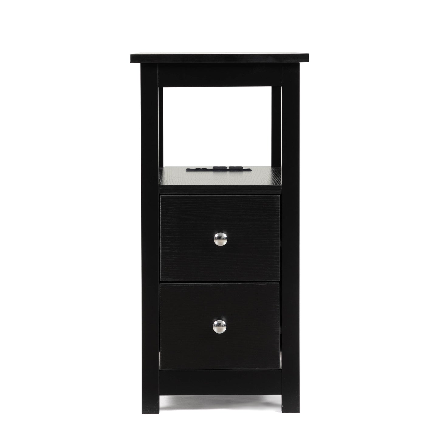 End Table with Charging Station, Narrow Sofa Side Table, Wooden Nightstand, Bedroom Living Room Furniture, Black