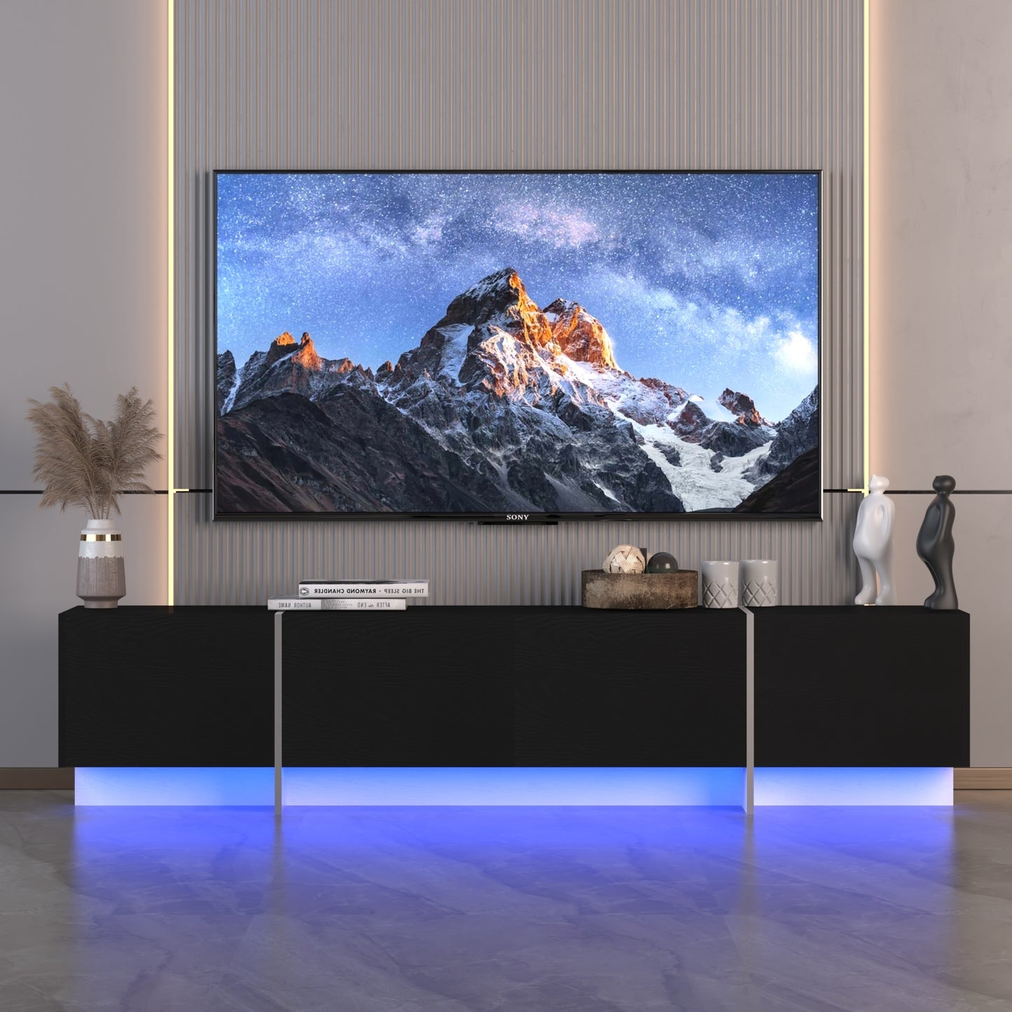 Modern Black TV Console with LED Lights and Storage Cabinets for 75 TV