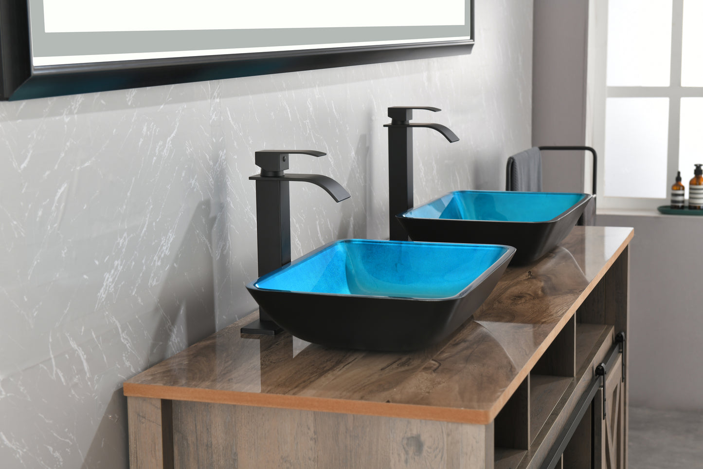 Handcrafted Turquoise Glass Vessel Sink Set with Matte Black Faucet