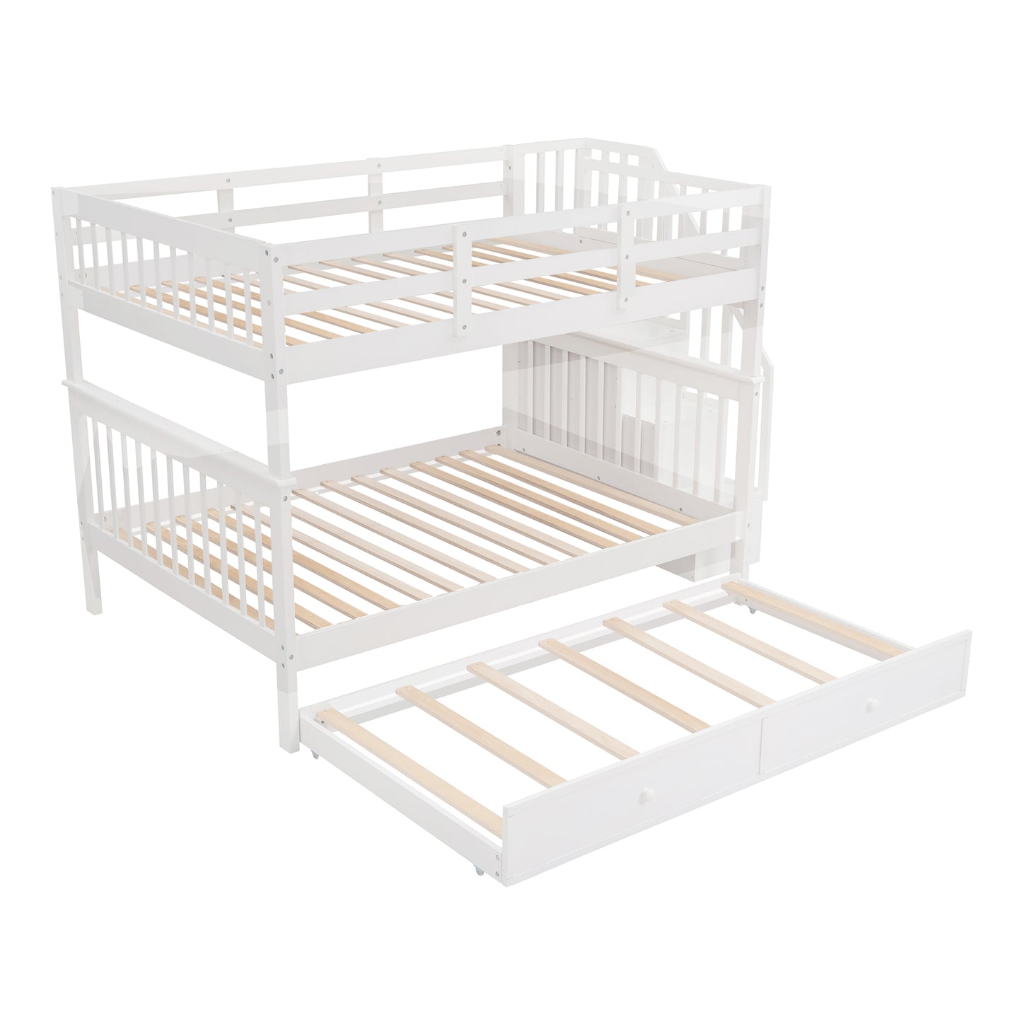 Stairway Full-Over-Full Bunk Bed with Twin Trundle, Storage and Guard Rail - White Oasis for Bedroom