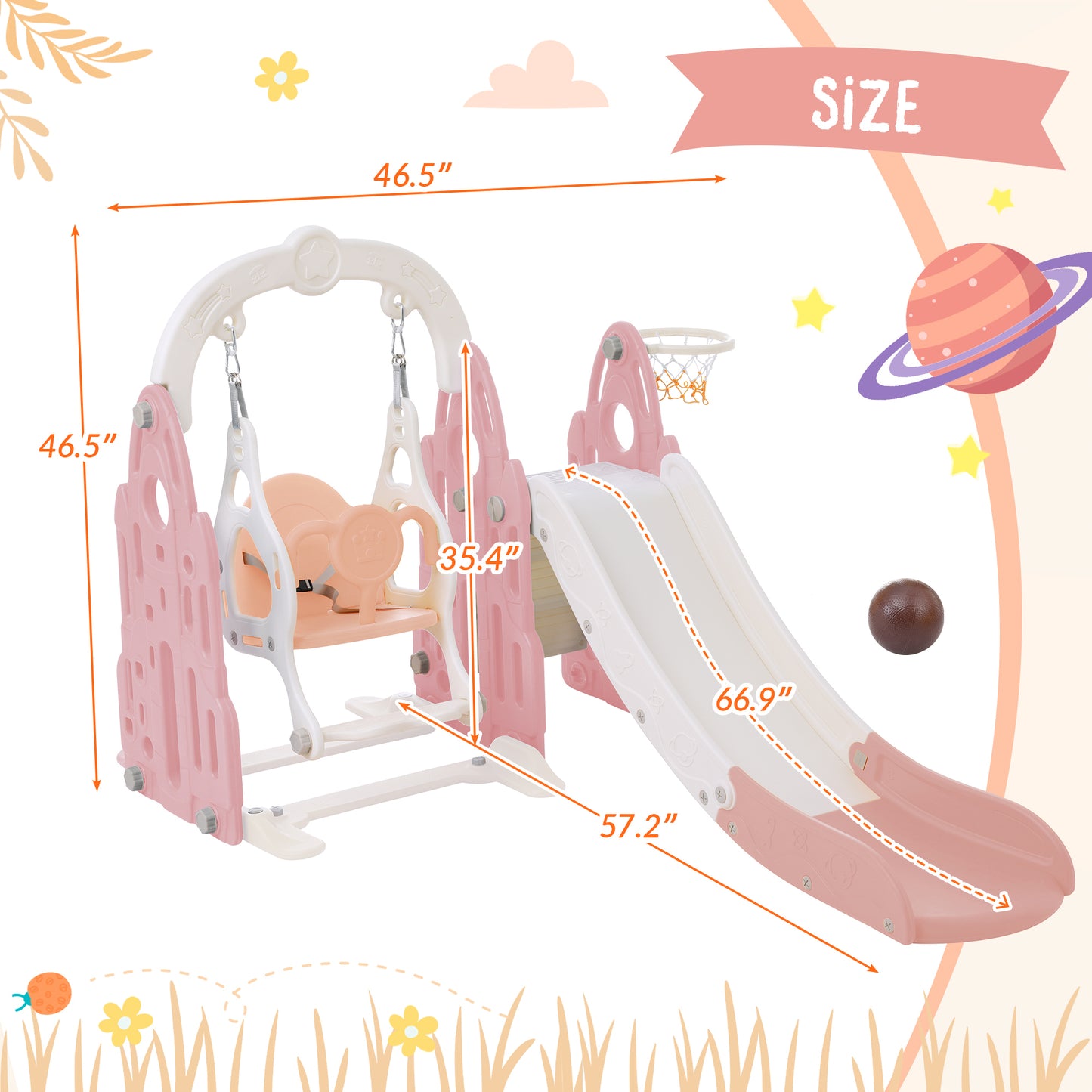 Rocket Theme 4 in 1 Toddler Slide and Swing Set with Basketball Hoop