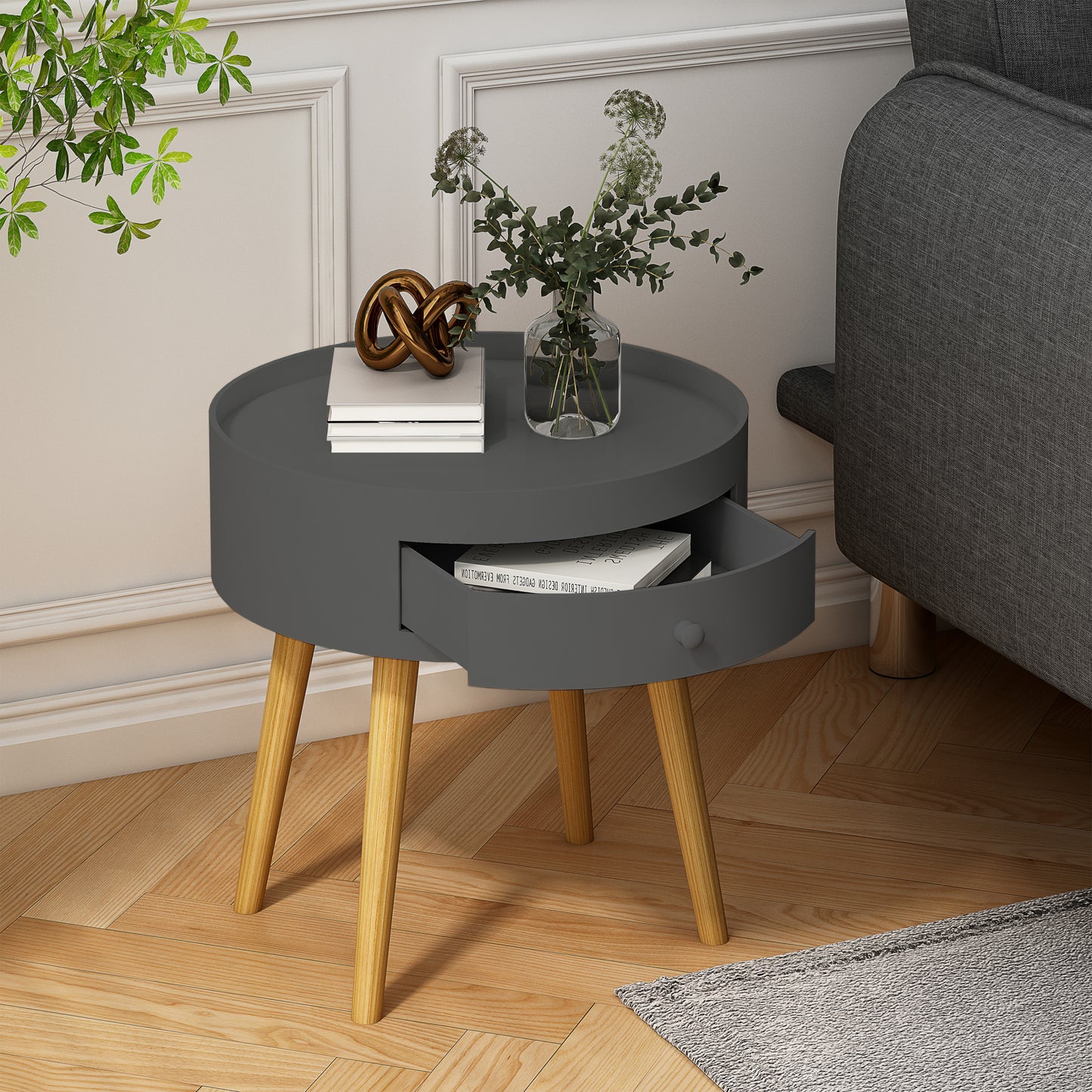 Gray Modern Coffee Table with Drawer and Oak Table Legs